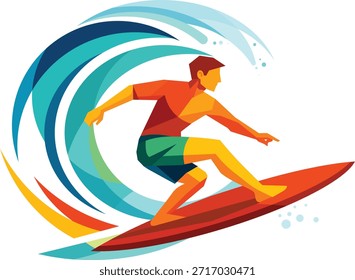 Ilustración vectorial plana de un surfista montado en una dinámica ola oceánica estilizada. Diseñado con Formas geométricas limpias y colores planos llamativos para representar el movimiento, el equilibrio y el flujo. Adecuado para carteles de surf, marca deportiva, diseño de viajes, Uso editorial y marketing de estilo de vida.