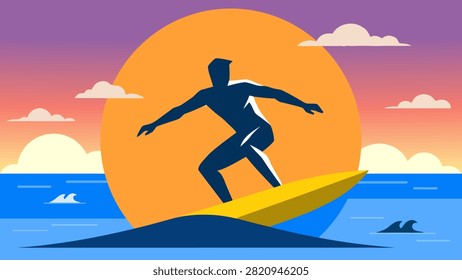 Flat vector illustration of a surfer riding ocean waves during sunset. Ideal for surfing competitions, beach lifestyle, summer vacation, water sports, adventure travel, and recreation.