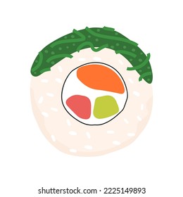 Flat vector illustration of sushi rolls with chuka seaweed. Asian food isolated on a white background.