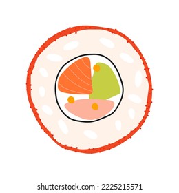 Flat vector illustration of sushi rolls. Traditional Asian food. Isolated design on a white background.