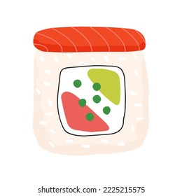 Flat vector illustration of sushi rolls. Traditional Asian food. Isolated design on a white background.