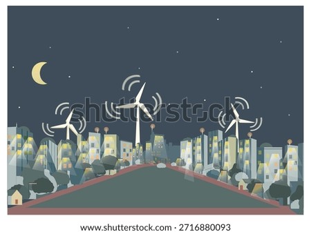 A flat vector illustration of a sustainable green city at night. The peaceful urban skyline features illuminated eco-friendly buildings, wind turbines in the background, and a large green park in the foreground. Warm window lights, soft street lamps and a crescent moon create a calm atmosphere, emphasizing renewable energy, smart city design and nighttime sustainability