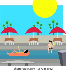 Flat vector illustration of swimming in a resort on summer vacation.