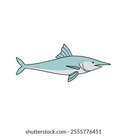 Flat vector illustration of swordfish with sleek pastel blue body, pointed bill, streamlined shape, minimalistic design, modern aesthetic