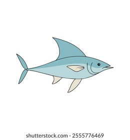 Flat vector illustration of swordfish with sleek pastel blue body, pointed bill, streamlined shape, minimalistic design, modern aesthetic