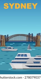 Flat vector illustration of Sydney Harbour Bridge with cruise ships and city skyline background