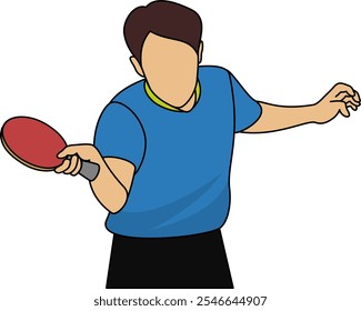 Ilustración vectorial plana de un jugador de tenis de mesa con una camisa azul, preparándose para servir con una paleta roja. Perfecto para gráficos deportivos, contenido relacionado con el tenis de mesa o temas deportivos.