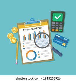 Flat vector illustration of a table top view with financial statement document. Suitable for design element of financial analysis service, investment report, and finance audit.