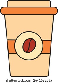 Flat Vector Illustration of Takeaway Coffee Cup with Bean Logo for Cafe Branding, Beverage Design, and Food Icons