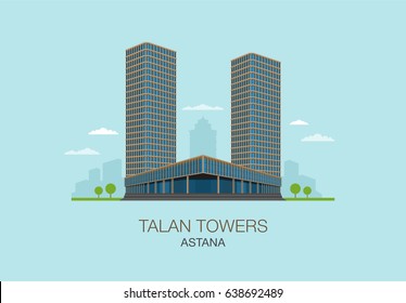 Flat vector illustration of Talan Towers in Astana, Kazakhstan. Central Asia.