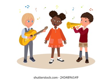 Flat Vector Illustration of Talanted Children, Happy Kids Singing and Playing Classic Musical Instruments
