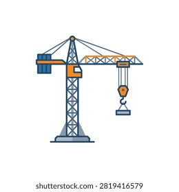 A flat vector illustration of a tall construction tower crane lifting a heavy load with a hook isolated on a white background