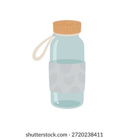 Ilustración vectorial plana de una botella de agua alta y cilíndrica con un hombro redondeado, hecha de vidrio transparente o plástico azul claro. Cuenta con una tapa atornillada hecha a mano de madera de color claro con líneas de grano visibles, una funda de silicona gris claro texturizada con un sutil patrón de frijol renal y un Pequeño bucle de transporte blanco roto unido a la tapa. Ideal para el bienestar, el estilo de vida o los gráficos diarios de temática rutinaria.