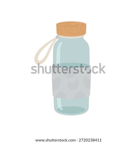 Flat vector illustration of a tall, cylindrical water bottle with a rounded shoulder, made of light-blue transparent glass or plastic. It features a screw-top lid crafted from light-colored wood with visible grain lines, a textured light-gray silicone sleeve with a subtle kidney-bean pattern, and a small off-white carrying loop attached to the lid. Ideal for wellness, lifestyle, or daily routine-themed graphics.