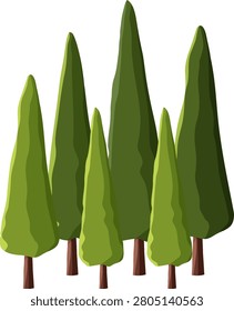 Flat vector illustration of tall evergreen cypress trees isolated on a white background.