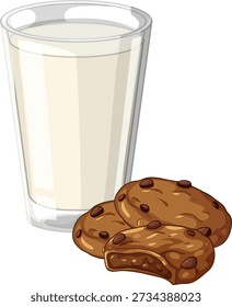 Flat vector illustration of a tall glass of milk beside three chocolate chip cookies