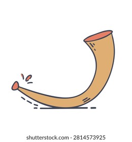 A flat vector illustration of a tan colored curved horn with a reddish mouthpiece and bell, depicted in a simple hand drawn cartoon style.