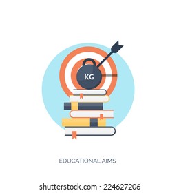 Flat vector illustration. Target and books. Study and learning concept background. Distance education, brainstorm and knowledge growth,school and university subjects.Success and smart ideas