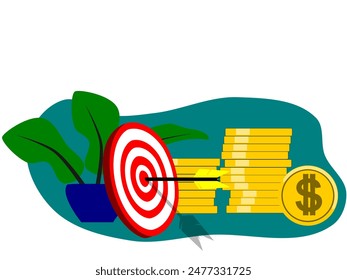 Ilustración vectorial plana, Target, monedas y plantas en macetas.