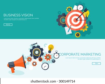 Flat vector illustration. Target and loudspeaker. Concept background. Smart solutions and business vision. Aim. Marketing and management.