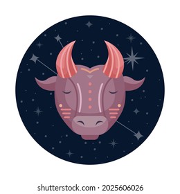 Flat vector illustration of taurus zodiac sign with stars and constellation