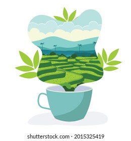 flat vector illustration of tea garden in a tea cup 