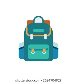A flat vector illustration of a teal backpack with brown accents, isolated on a White Background in a modern style.