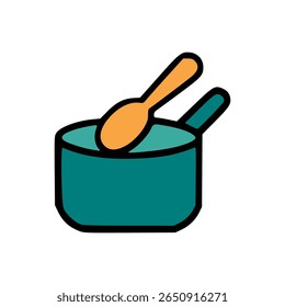 Flat Vector Illustration of Teal Cooking Pot with Long Handle and Orange Spoon Inside on White Background