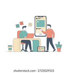 Flat vector illustration of a team working around a large smartphone interface with sticky notes, laptops, and digital tools, representing UX design, app development, teamwork, and modern collaboration.