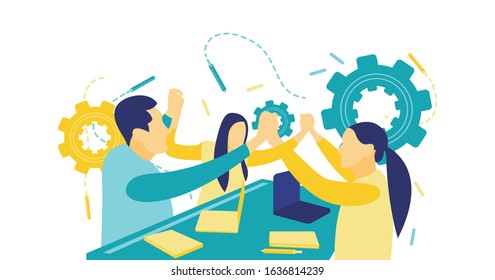 Flat vector illustration, teams join hands promoting unity and involvement, the concept of team building, enthusiastic diverse colleagues celebrating victory, great teamwork, good relationships.