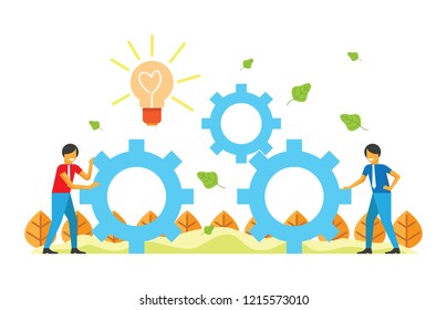 Flat vector illustration, teamwork on finding new ideas