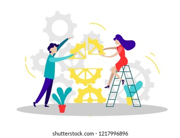 Flat vector illustration, teamwork on finding new ideas. Man and woman push parts of gear together to form a  mechanism. Technological concept, creative work.