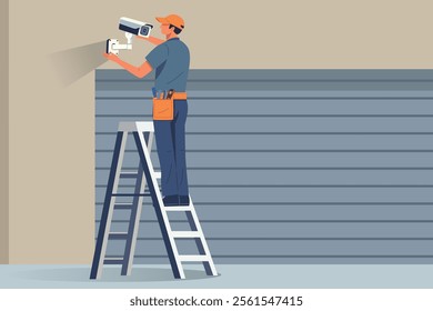 A flat vector illustration of a technician on a ladder, installing a security camera on a wall.