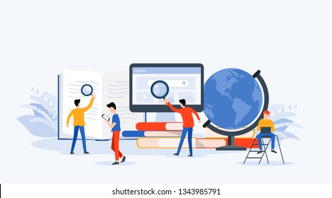 flat Vector illustration  technology business research , learning and online education concept with people business team working concept