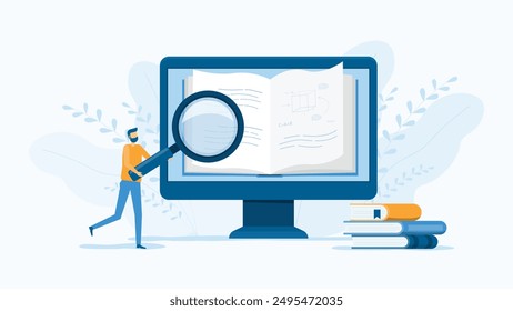 flat Vector illustration technology business research , learning and online education with a man hold magnifying glass concept