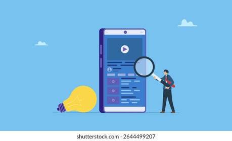Flat vector illustration of technology business research and learning with online video training, tutorial podcast. A man holds a magnifying glass in front of a smartphone.