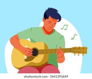 A flat vector illustration of a teenage boy sitting and playing an acoustic guitar. 