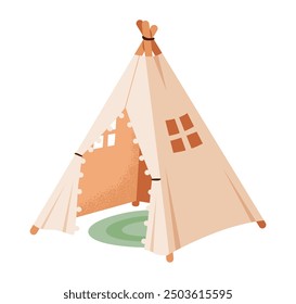 Flat vector illustration of a teepee tent in a modern, minimalist style. Indoor play and nursery decor, cute, coneshaped tent for child.