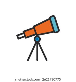 A flat vector illustration of a telescope on a tripod, featuring an orange body and blue lens against a black backdrop.
