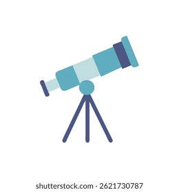 Flat vector illustration of a telescope on a tripod. The composition utilizes various light blue tones.
