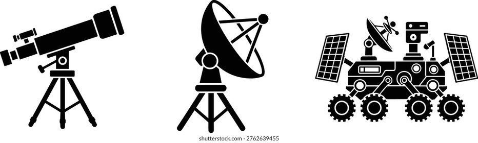 Flat vector illustration of telescope, satellite dish, Mars rover, space exploration icons, astronomy observation, communication technology, planetary science symbol