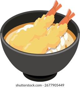 Ilustración vectorial plana de tempura udon, sopa japonesa de fideos cubierta con tempura de camarones y cebollas verdes, servida en un tazón negro con caldo.