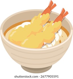 Ilustración vectorial plana de tempura udon, sopa japonesa de fideos cubierta con tempura de camarones y cebollas verdes, servida en un tazón de color ocre con caldo. 