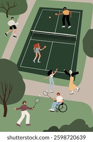 Flat vector illustration of a tennis court with people playing and socializing. Players with rackets, a wheelchair athlete, and friends cheering create a lively sports atmosphere. Active park scene.