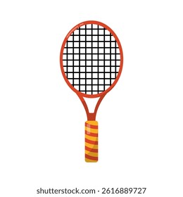 Flat vector illustration of a tennis racket with a red frame, black strings, and striped handle, ideal for sports-related visuals and icons.