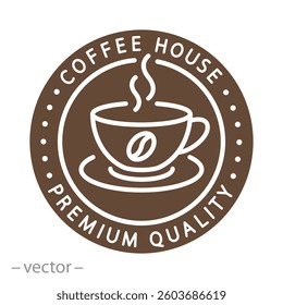flat vector illustration, text premium quality coffee drink, coffee house emblem, cup icon, round logo