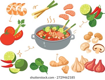 Ilustração vetorial plana do conjunto de ingredientes de sopa de tom yum tailandês. Uma panela de cozinha com sopa picante no centro, cercada por camarão, salmão, capim-limão, pimenta, limão, tomate, cogumelos, alho, chalotas, galangal e ervas. Ilustração colorida do alimento no estilo do projeto liso, isolado no fundo branco.