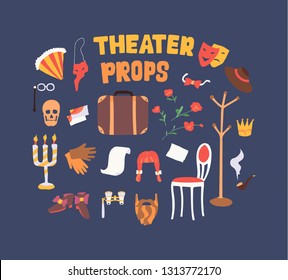 Flat vector illustration of theater props.  Dramatic theater things. Color simple icon set. Concept of artistic properties for playing on the stage. 