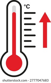 Flat vector illustration of a thermometer showing high heat levels. Features a red liquid indicator, black measurement scale, and a large red upward arrow. Ideal for environmental reports on global warming, medical articles about fever, and weather forecast graphics for heatwaves. Clean white background.