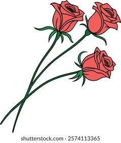  Flat vector illustration of three blooming red roses with green stems and leaves. Perfect for Valentine's Day, romantic themes, wedding invitations, and floral decorations.